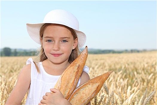 特写,小女孩,拿着,面包,麦田