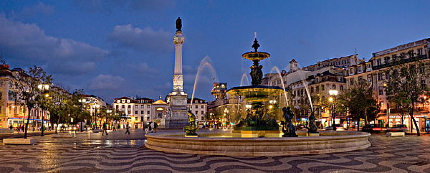 葡萄牙,里斯本,罗斯奥广场,喷泉,雕塑