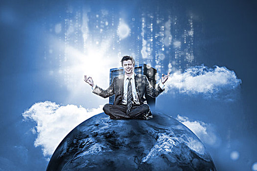 商务人士,坐,世界之巅,数据,服务器,蓝色背景,天空,背景