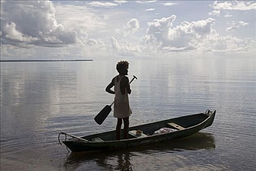男人,室外,独木舟,湾,加勒比海,伯利兹,中美洲