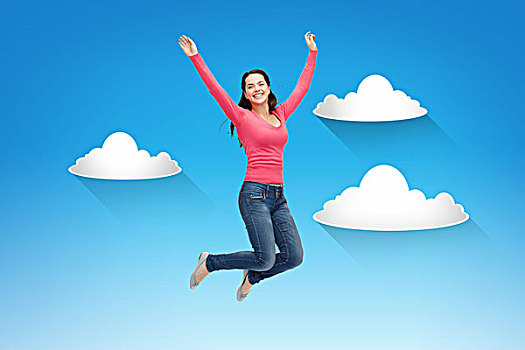 高兴,自由,移动,人,概念,微笑,少妇,跳跃,空中,上方,蓝天,白云,背景