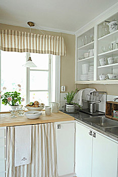 角,厨房操作台,仰视,窗户,白色,瓷器,柜子,高处,水槽