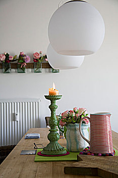 厨房,清新,斯堪的纳维亚,风格,陶瓷,罐,漂亮,烛台,木桌子