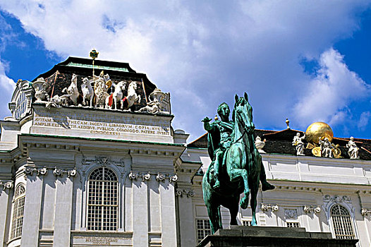 奥地利,维也纳,霍夫堡,广场,雕塑,皇帝,正面,国家图书馆