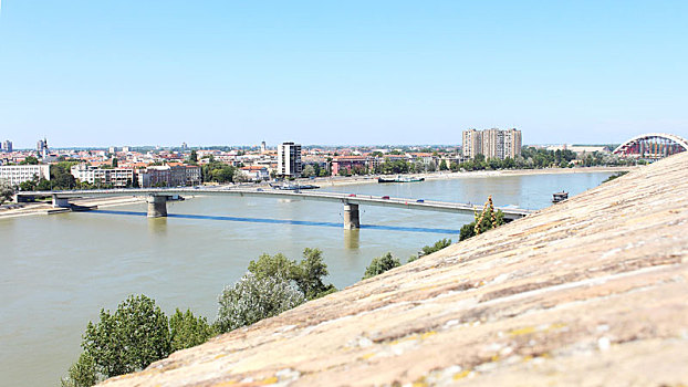 风景,塞尔维亚,城市,悲伤,桥,上方,多瑙河,要塞