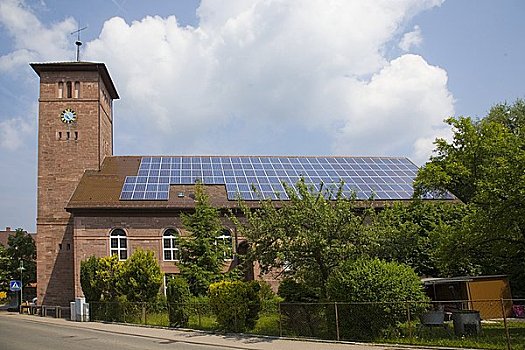 太阳能电池板,屋顶,教堂,巴登符腾堡,德国