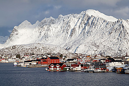 湾,红色,房子,冬天,瑞恩,罗弗敦群岛,挪威,欧洲