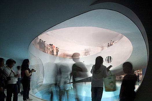 2010上海世博会,丹麦人,亭子,大,群体,上海,内景,螺旋状,画廊,人造,水塘,黄昏