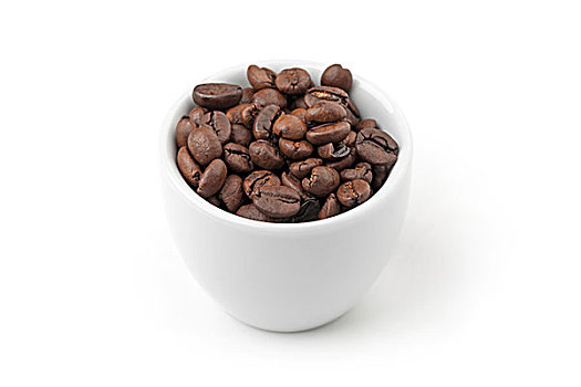 小,白色,意式特浓咖啡杯,满,新鲜,煮咖啡,咖啡豆,白色背景,背景,聚焦