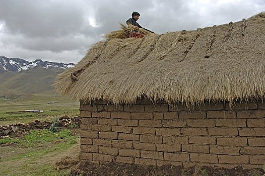 砖坯,农舍,草,马丘比丘,库斯科地区,秘鲁