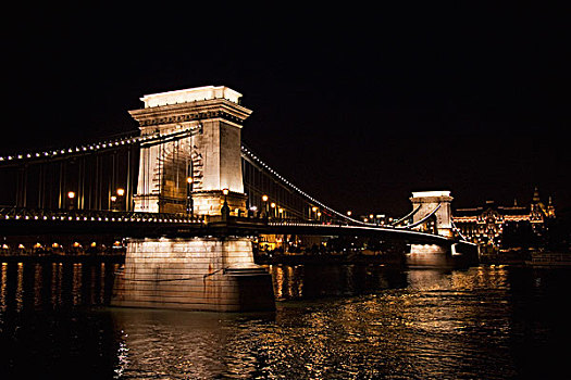 链索桥,上方,多瑙河,夜晚,布达佩斯,匈牙利
