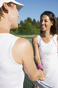 两个,女性,网球手,握手,上方,球网