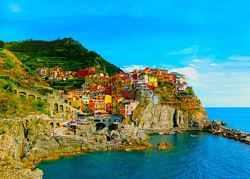 彩色,传统,房子,石头,上方,地中海,马纳罗拉,五渔村,意大利