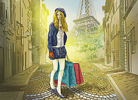 女人,走,购物袋,街道,埃菲尔铁塔,背景,巴黎,法国