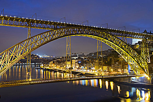 桥,杜罗河,欧洲,河,光亮,夜晚,背景,波尔图,葡萄牙