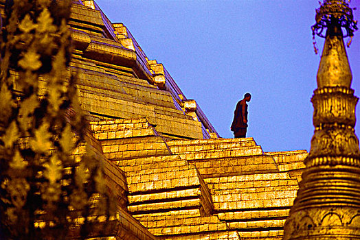 缅甸,仰光,僧侣,走,尖顶,大金寺