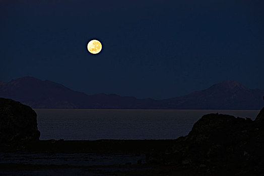 满月,黎明,盐湖,乌尤尼盐沼,波托西地区,玻利维亚,南美