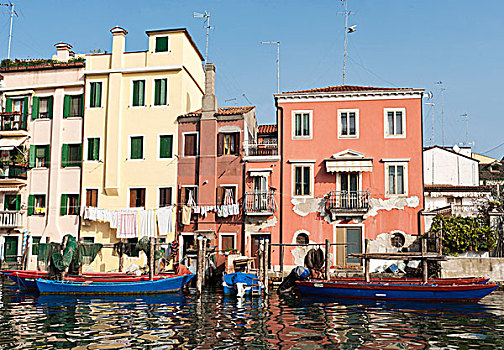 房子,渔船,运河,基奥贾,威尼托,意大利,欧洲