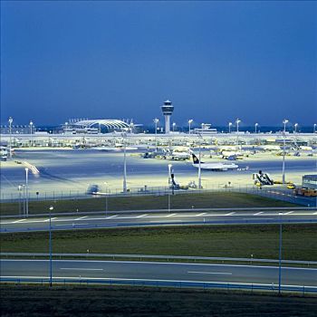 机场,慕尼黑,飞机场,塔,夜晚,飞机,早晨,飞机跑道,停放,公园,乘客,客机,商业,蓝色,天空,班机,降落,离开