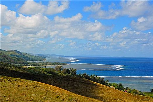 斐济,维提岛,珊瑚海岸,绿色,山,海洋,礁石,蓝天