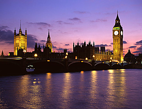 大本钟,议会大厦,泰晤士河,黄昏,伦敦,英格兰