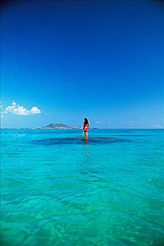 夏威夷,瓦胡岛,远景,女人,站立,礁石,沙滩裙