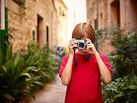 男孩,摄影,街道,单反相机,马略卡岛,西班牙