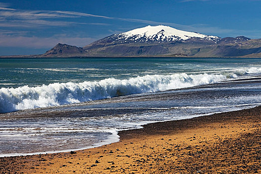 海滩,海浪,后面,积雪,火山,冰河,半岛,斯奈山半岛,西部,冰岛,韦斯特兰德,欧洲