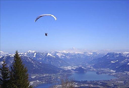 滑翔伞,滑伞运动,靠近,湖,沃尔夫冈,萨尔茨堡,奥地利,欧洲