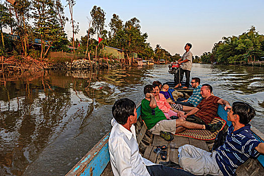 河,巡航,旅游,享受,日落,游轮,湄公河,支流,越南,印度支那,东南亚,东方,亚洲