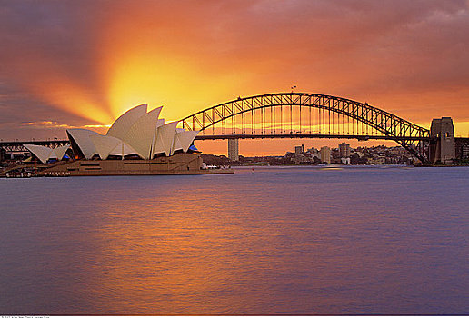 海港大桥,悉尼歌剧院,日落,悉尼,澳大利亚