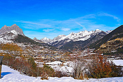 雪,乡村,韦斯卡,比利牛斯山脉,西班牙