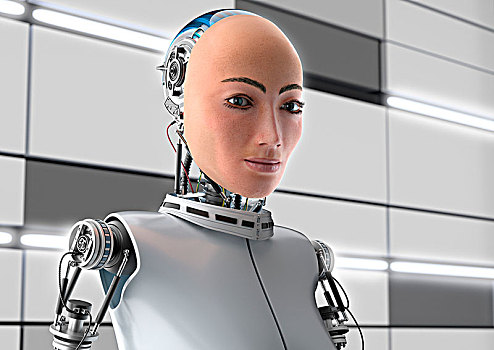 女性,机器人,脸,机械,后脑勺,上身,正面,智慧,实验室,墙壁