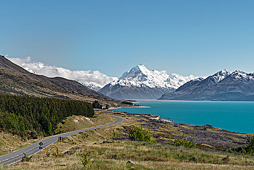 道路,库克山,普卡基湖,库克山国家公园,南阿尔卑斯山,坎特伯雷地区,南部地区,新西兰,大洋洲