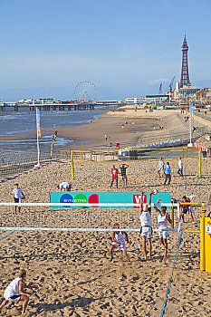 英格兰,兰开夏郡,布莱克浦,沙滩排球,动作,比赛,英国人,2009年,竞争,局部,欧锦赛,旅游