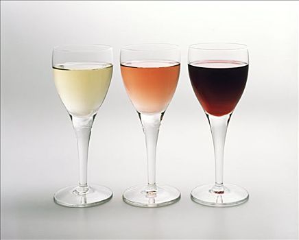 白色,红色,玫瑰葡萄酒,玻璃杯