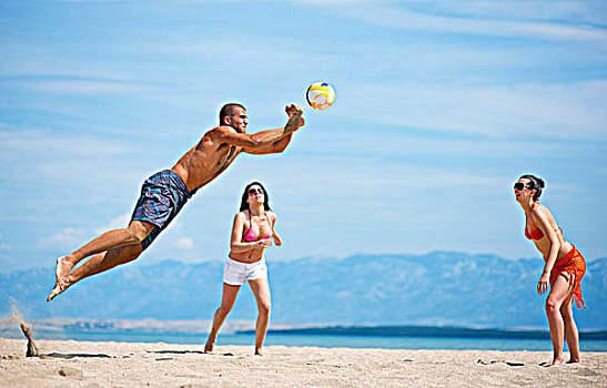 朋友,玩,排球,海滩