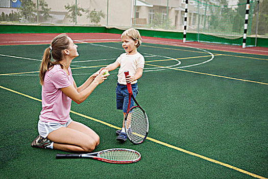 母亲,儿子,有趣,网球场