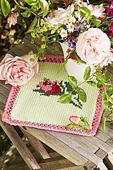 浪漫,花瓶,花园,花,编织,布,玫瑰,创意