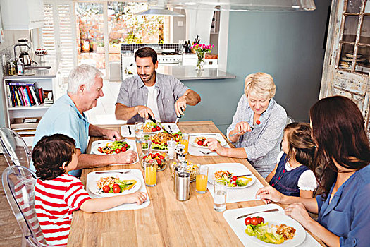 微笑,家庭,祖父母,讨论,餐桌,家