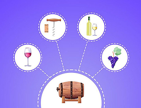 酿酒,矢量,插画,蓝色背景,象征,桶,信息技术,海报,玻璃杯,开瓶器,酒瓶,枝条,葡萄