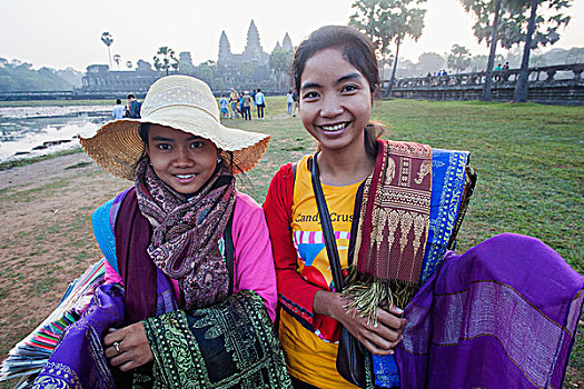 柬埔寨,收获,吴哥窟,女孩,销售,丝绸,围巾