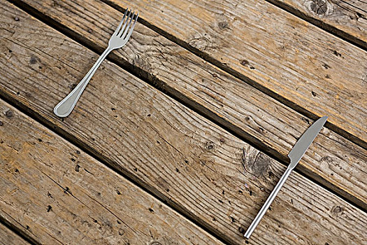 俯拍,叉子,餐刀,木桌子