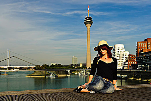 女青年,背景,媒体,港口,晚上,太阳,北莱茵-威斯特伐利亚,德国,欧洲