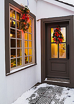 窗户,褐色,正门,门,圣诞灯光,装饰,魁北克,加拿大