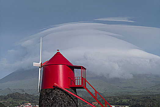 葡萄牙,亚速尔群岛,皮库岛,传统风车,火山,葡萄园,云