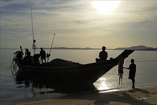 捕鱼者,到达,早晨,海滩,岛屿,苏梅岛,泰国