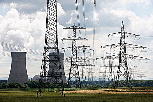 电线塔,正面,核电站,格拉芙莱茵费德,德国