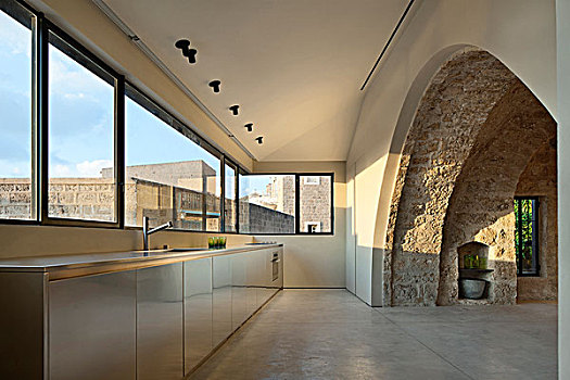 展示,石头,拱形,简约,厨房,窗户,房子,特拉维夫,以色列