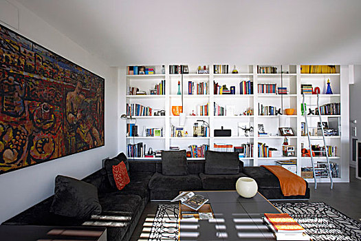 现代生活,房间,黑色,角,沙发,宽,白色,书架,大,绘画,背景